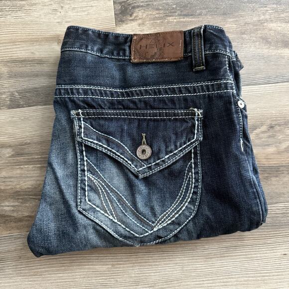 Helix Bootcut Jeans Men’s 34x32 Blue Denim Y2K Flap Pockets - Picture 1 of 8